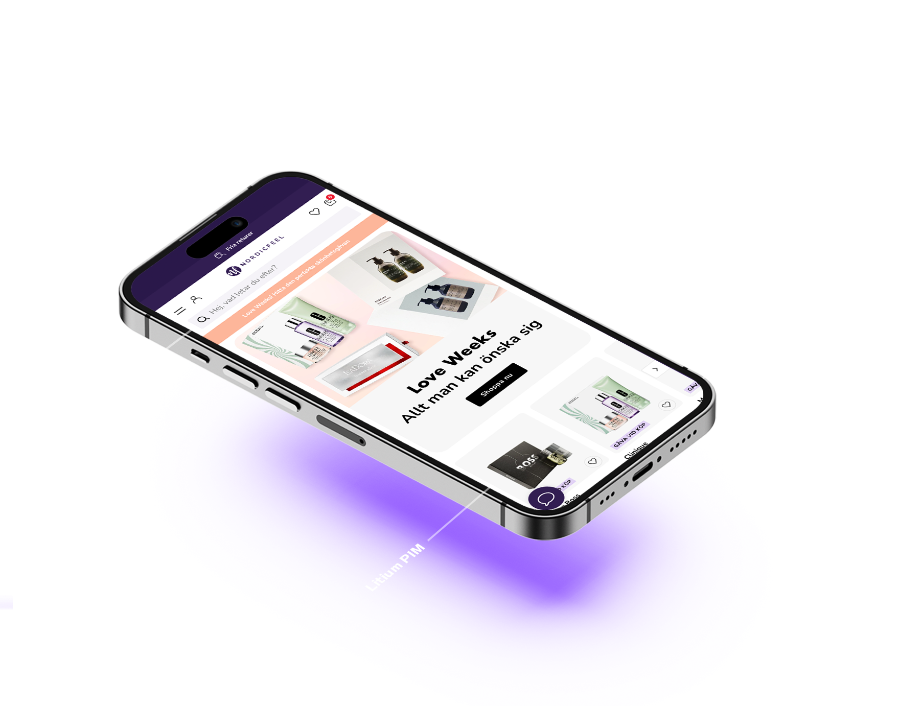 En bild på NordicFeels hemsida med Litium's techstack, Litium PIM, Litium Search, Litium CMS och Litiums kampanjmotor. 