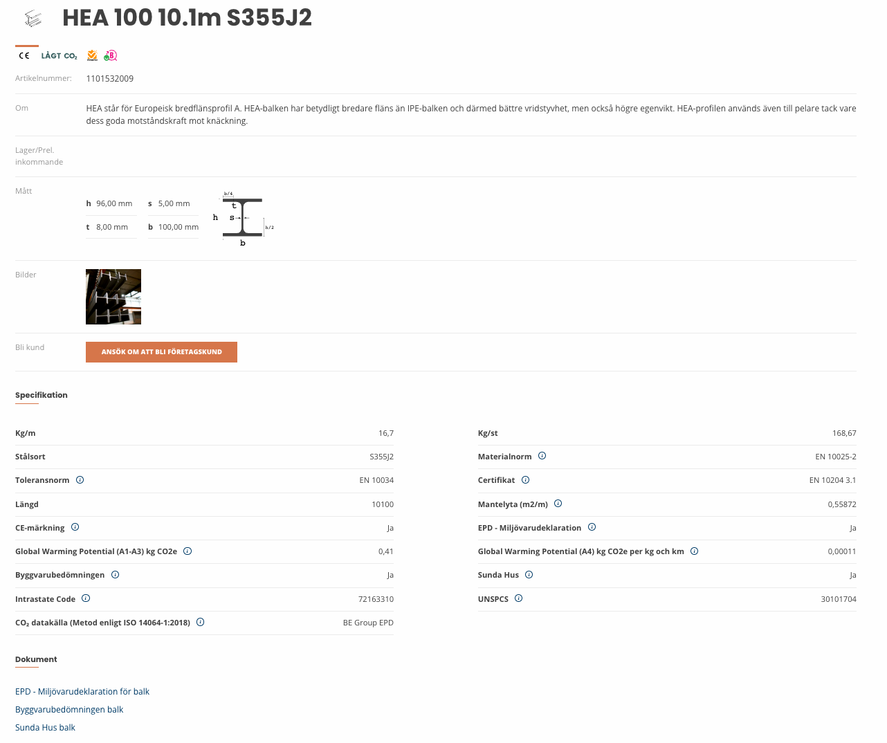 A product page displaying advanced filtering and fields on a B2B customer portal..