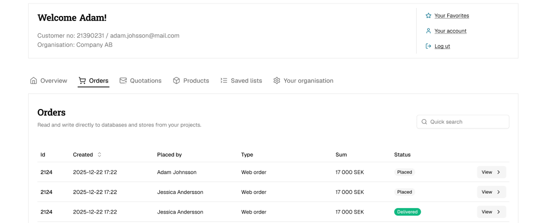 A customer portal showing past orders.
